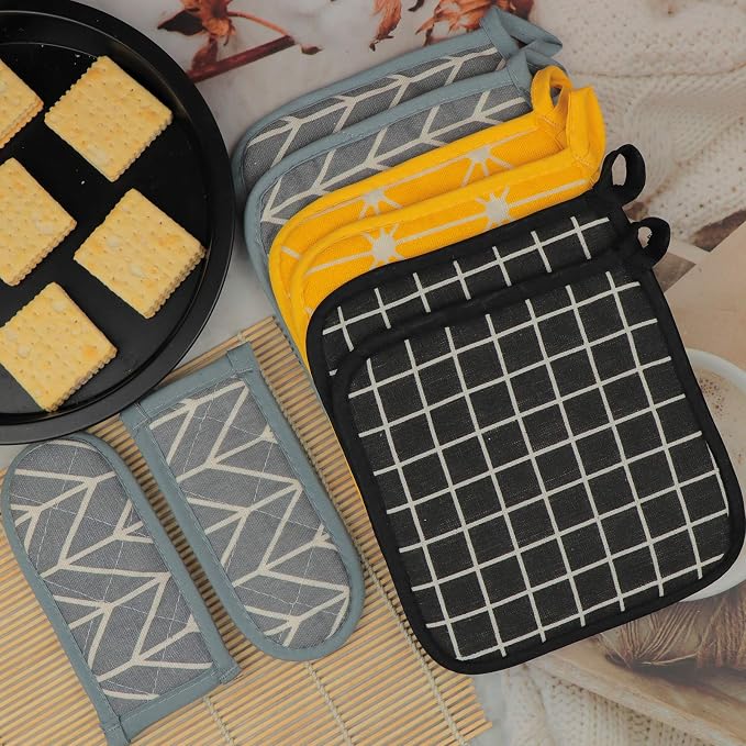Heat Resistant Potholders Hot Pads-6 Kitchen Pot Holders Set with 2 Pan Hot Handle Holders Trivet for Cooking and Baking,with Recycled Infill Terrycloth Lining(Mixed,8 Piece)