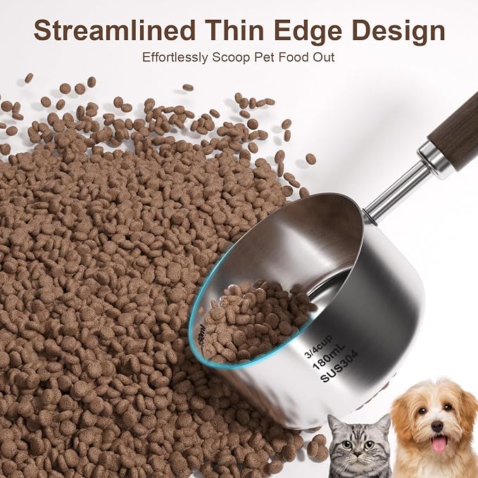 Dog-Cat Food Scoop Measuring-Cup - 3/4 Cup (6 Oz),304 stainless steels,Black walnut long handle