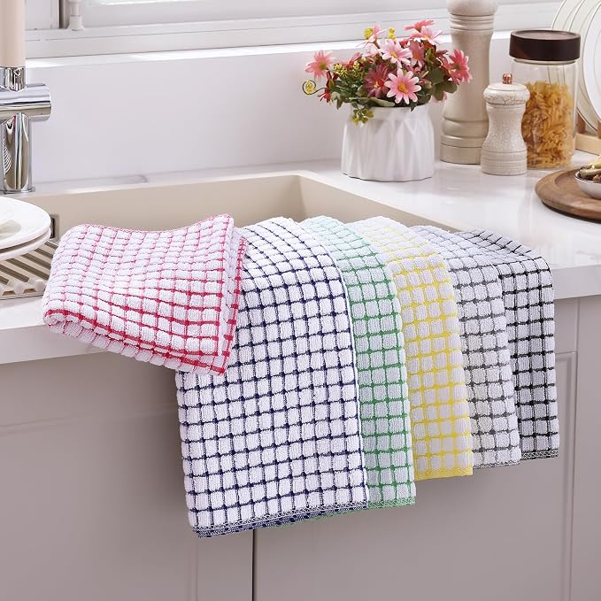 Mordimy Cotton 6 Pack Terry Kitchen Towels, 16 x 25 Inches | Super Soft and Absorbent Dish Towels, Quick Drying Hand Towels for Kitchen Drying, Red/Blue/Black/Grey/Yellow/Green