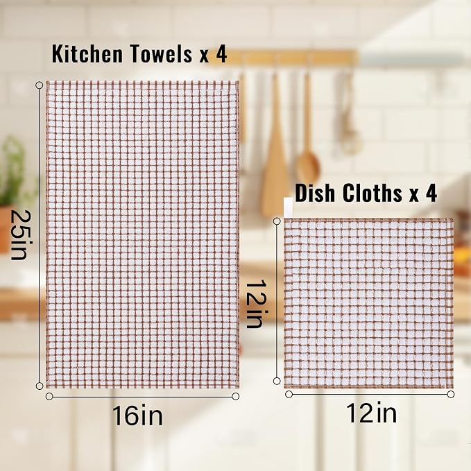 Homaxy Kitchen Towels and Dishcloths Set, Set of 8, Brown | Cotton Terry Kitchen Dish Towels, Super Soft and Absorbent Dish Cloths, 16 x 25 and 12 x 12 Inches