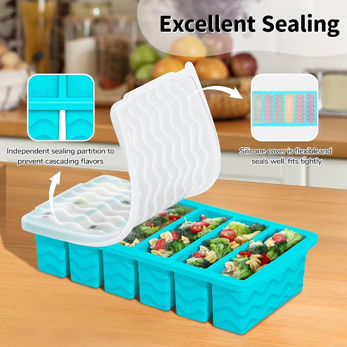 4-Pack Silicone Freezer Trays with Lid, Soup Freezer Container Molds | Large 2-Cup(500ml), Small 1/2-Cup (125ml), BPA Free, Freezer Tray for Soup, Stews, Sauces, Meal Prep, Broth, Leftovers