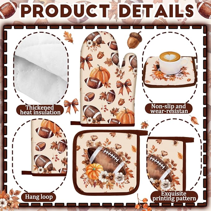 Fourluoo 10 Pcs Fall Football Kitchen Decor Set for Cooking Baking | Includes 2 Polyester Rugs, 4 Microfiber Towels, 2 Pot Holders, 2 Plus Foam Insulated Oven Mitts for Daily Kitchen Tasks.