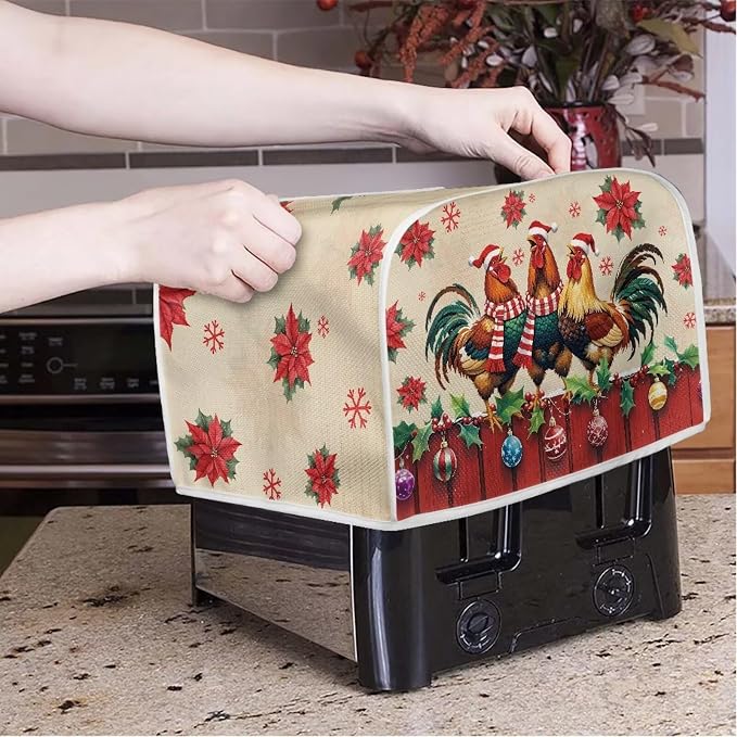 Christmas Rooster Print 2 Slice Toaster Cover Foldable Kitchen Small Appliance Cover Dust and Fingerprint Protection, Machine Washable Home Kitchen Decor Accessories