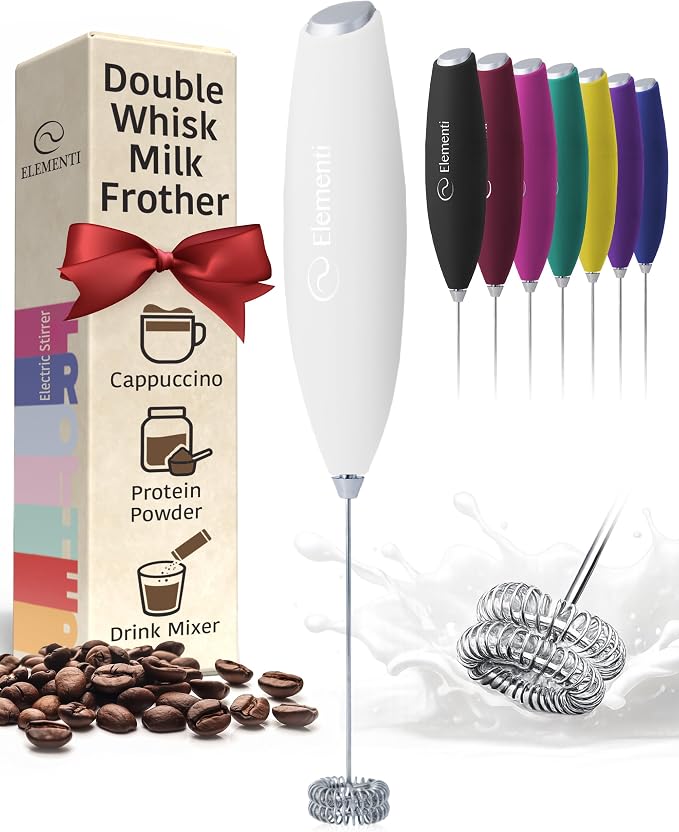 Elementi Milk Frother Wand - Easy to Use Handheld Electric Stirrer for Powder Drinks, Durable & Powerful Coffee Whisk & Protein Powder Mixer Wand, Hand Frother, Coffee Stirrers Electric (White)