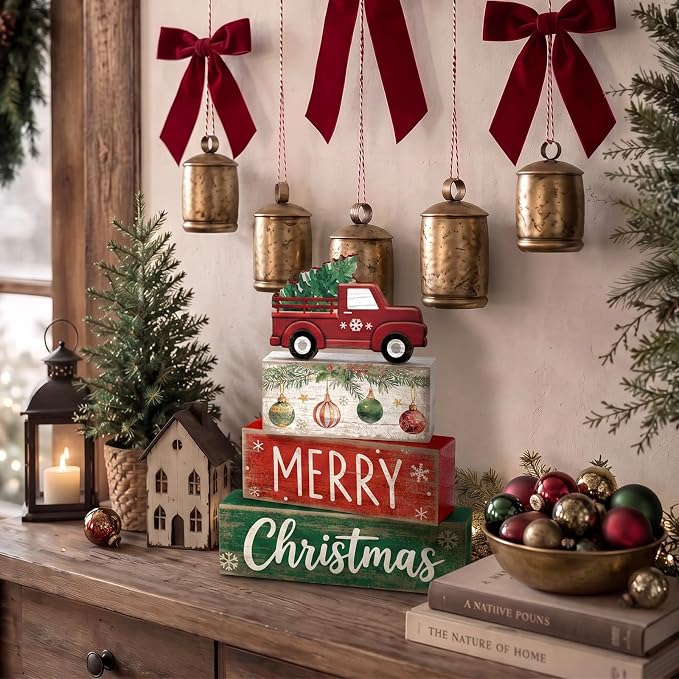 Lineshading 4 Pcs Christmas Table Decor, Red Truck Tree Block Sign Home | Red Truck With Pine Tree, Christmas Centerpiece For Tiered Tray, Rustic Wood Stack Sign, Holiday Kitchen Shelf Home Decor