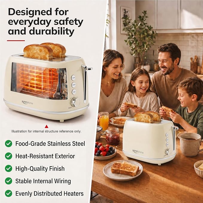Toasters 2 Slice Retro Stainless Steel Toasters with Bagel, Cancel, Defrost Function and 6 Bread Shade Settings Bagel Toaster, Beige