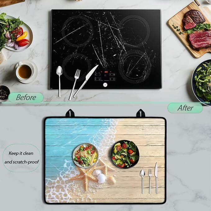 Beach Starfish Wood Electric Stove Insulation Pad Heat & Stain Resistant Dish Drying Mat for Kitchen 30x21 Inch Cooktop Stove Guard Protector with Anti-Slip Grip Extra Large Mat