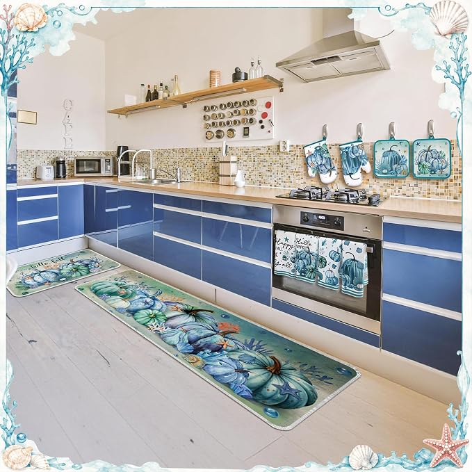 Fanfanwin 10 Pcs Fall Blue Pumpkin Kitchen Decor Set Kitchen Towels Pot Holders Oven Mitts and Rugs Set Thanksgiving Ocean Decoration for Cooking Baking Gift Harvest Autumn Home Decor