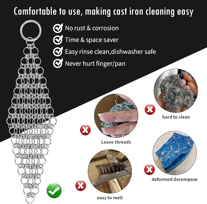 2pcs 5" Chain Mail Cast Iron Cleaner Scrubber, 316 Chainmail Scrubber | Stianless Steel Skillet Cleaning Brush, Chainmail Scrubber Metal Brush to Clean Dutch Oven Carbon Steel Wok Grill Pan Pot