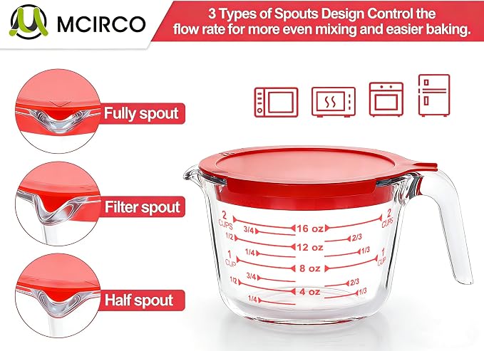 M MCIRCO 6 Pcs Glass Measuring Cups with Lids Set, 1-Cup, 2-Cup, 4-Cup Measuring Jugs with Handle, Nesting Liquid Measuring Cups for Kitchen