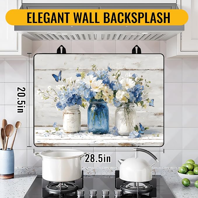 NYZE Stove Top Cover for Electric Stove, 28x20 Inch Stovetop Cover Flat Top Protector Dish Drying Mat for Kitchen (Blue & White Floral)