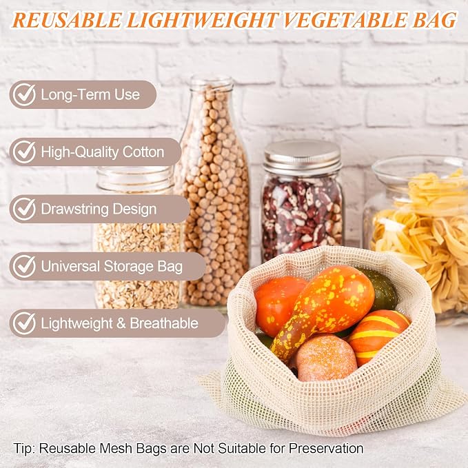 8 Pack Reusable Produce Bags, Mesh Produce Bags, Mesh Bags For Vegetables | Reusable Produce Bags Cotton Washable for Refrigerator Grocery Fruits Veggies Shopping, Transporting, Storing (2XL,2L,2M,2S)