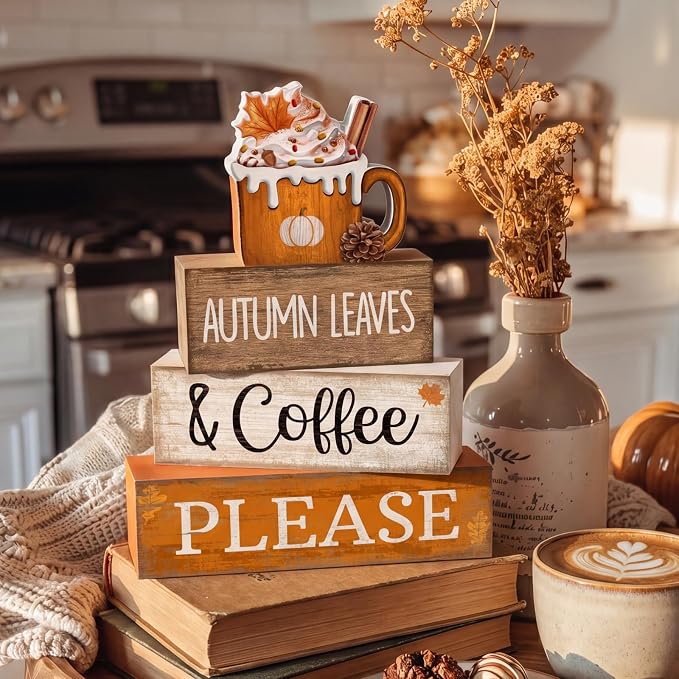 Lineshading 4 Pcs Fall Coffee Table Decor Fall Decor for Home Pumpkin Latte | Stackable Blocks for Coffee Bar, Thanksgiving Table Centerpiece, Rustic Farmhouse Home Decoration, Autumn Theme