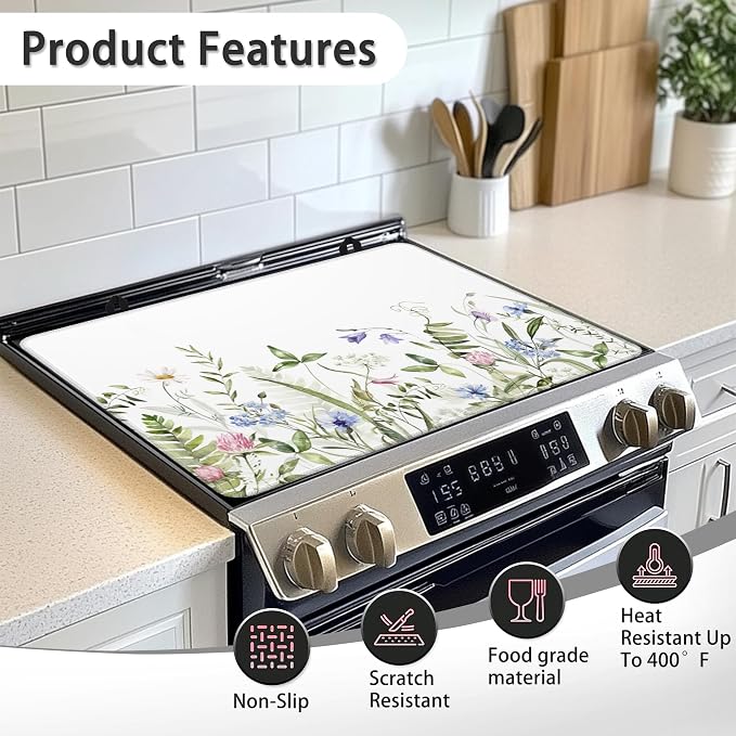 Electric Stove Top Cover Protector –Vintage Wild Flowers Glass Flat Top Stove Mat Oven Induction Cooktop Mat for Ceramic Countertop Mats Heat-Resistant Dish Drying Mat