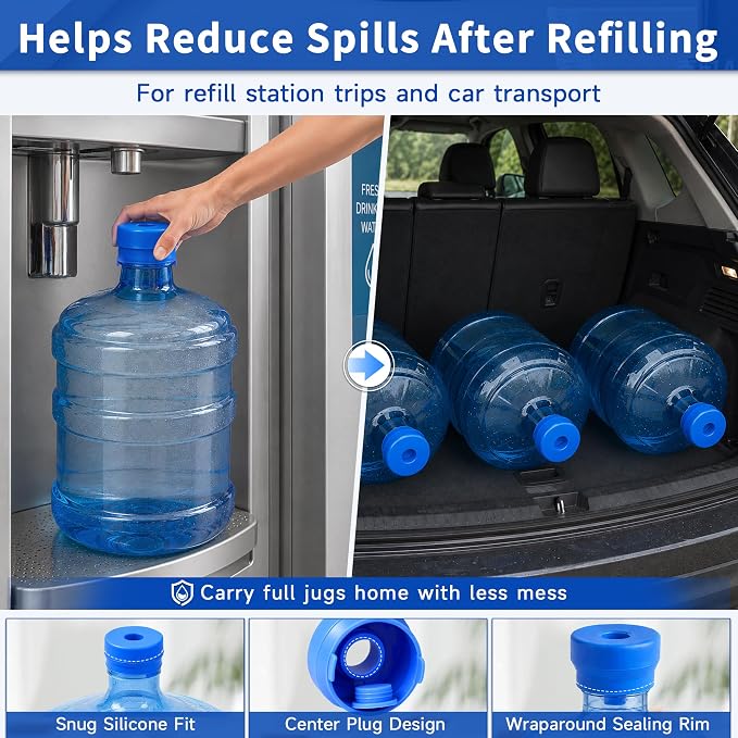 3 & 5 Gallon Water Jug Caps, 6 Pack, Fits 55mm Openings, Non-Spill Lids | 2-5 Gal Bottles, Reusable Silicone Water Bottle Caps, Refill Transport, Water Cooler Use, Bottle Pump Use, Side Pull Tabs