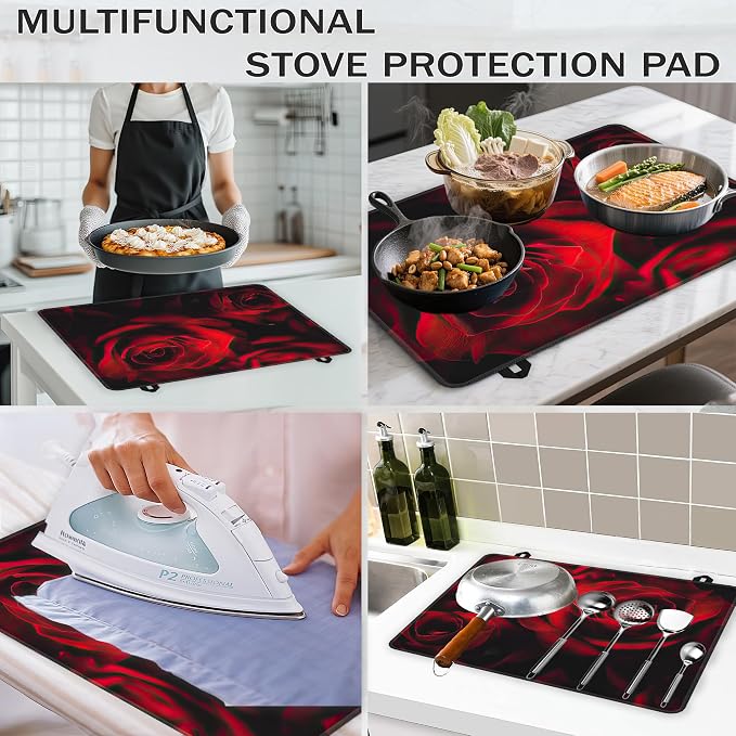Stove Top Covers for Electric Stove,Red Rose Flower Flat Top Stove Cover,Retro Floral Heat Resistant Glass Top Stove Cover Protector Anti-Slip Range Covers, 28 x 20 Inch