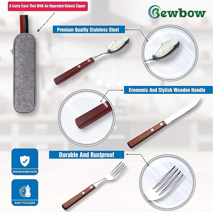 PREMIUM Stainless Steel Travel Utensils Set with Case, 3pc Full Size Fork | Portable Silverware Set for Work, Stainless Steel Reusable Travel Cutlery Set, Fork and Spoon Set for Camping, Picnic, Gadget