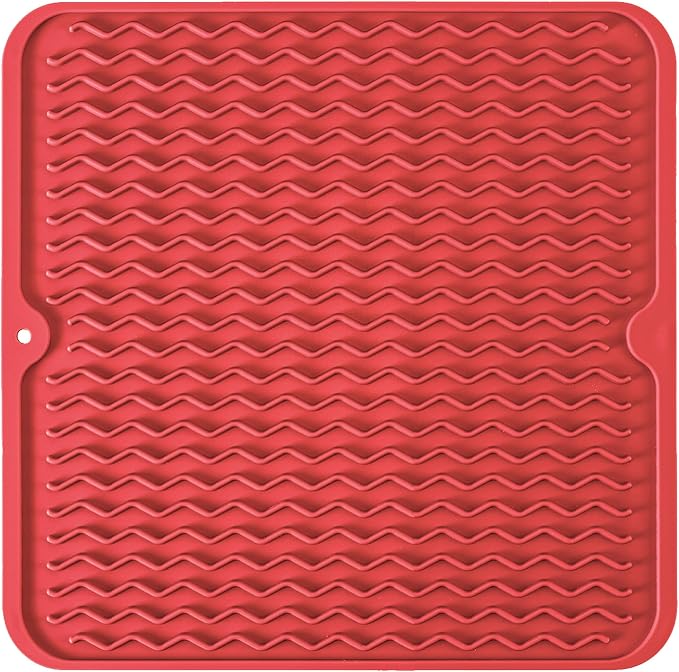 Silicone Dish Drying Mat, Non-Slip Easy Clean Sink Mat, Red, 12" x 12" | Quick-Dry Ridges, Large Heat-resistant Dish Drainer Mat for Kitchen Counter, Hangable & Roll-Up for Storage, Dishwasher Safe