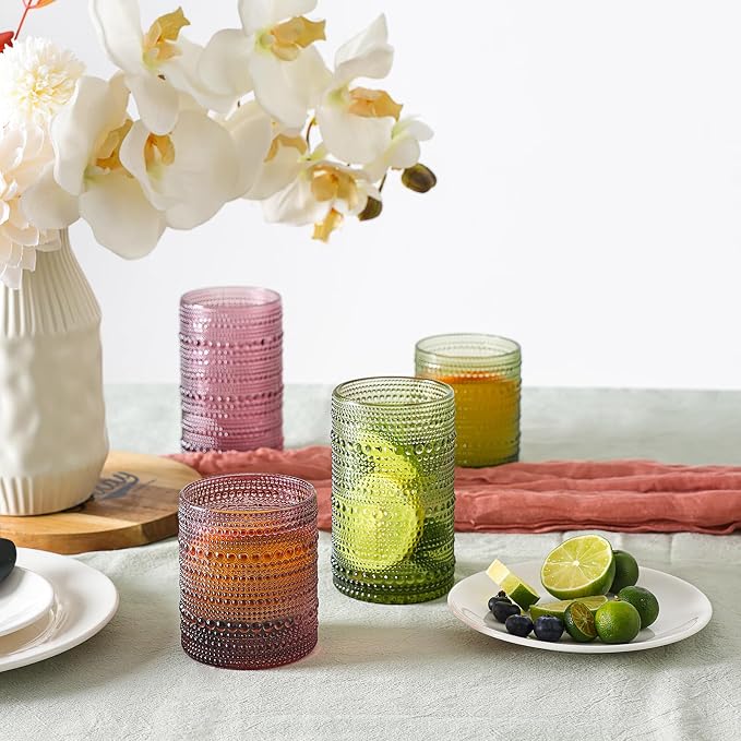 Moretoes Colored Hobnail Drinking Glasses Set of 12,Vintage Glass Cups | Mixed Glassware, 6pcs 12oz Highballs and 6pcs 10oz Old Fashioned Glasses, Great for Cocktail, Whisky and Other Beverages