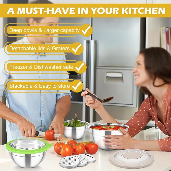 TeamFar Mixing Bowls, 3PCS Stainless Steel Serving Salad Bowls | with Lids & 3 Graters for Kitchen Mixing/Baking/Storing/Prepping, Visible & Airtight, Easy Clean - 4.5/3/1.5 QT, Multi-color