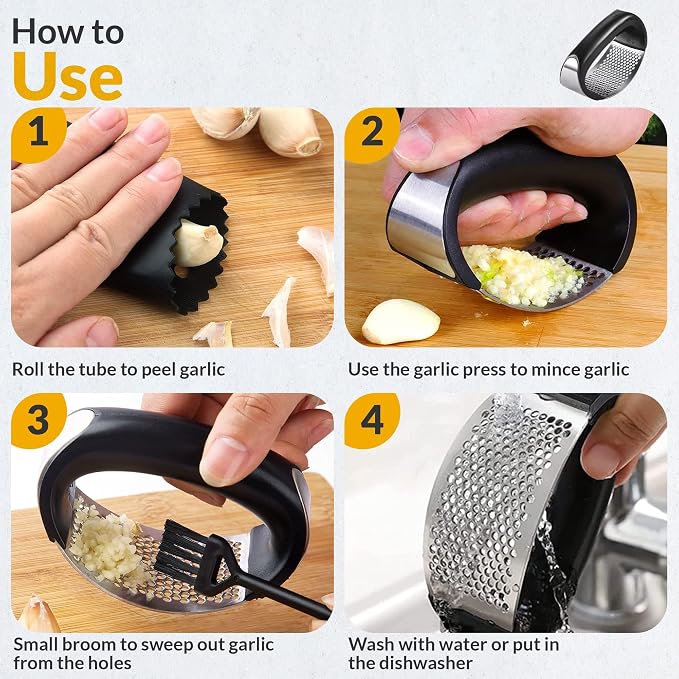 Garlic Press - Dishwasher Steel Safe Garlic Mincer Crusher with Peeler, Brush