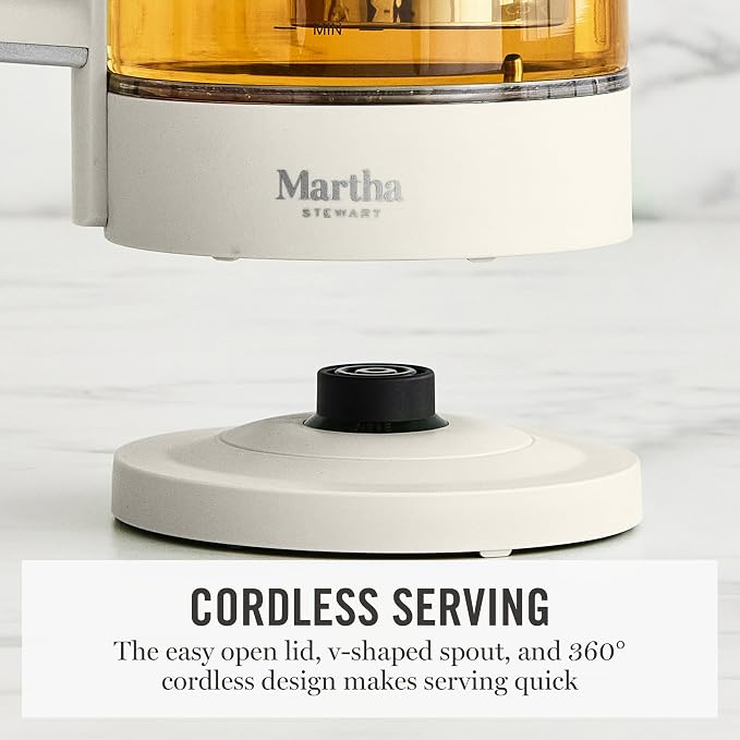 Martha Stewart 1.7L Glass Carafe Electric Kettle with Removable Tea Infuser | 7 Cups, 4 Presets, Rapid Boiling, Stainless Steel Tea Leaf Infuser, Cordless Swivel Base, Keep Warm, Auto Shut-Off, Linen