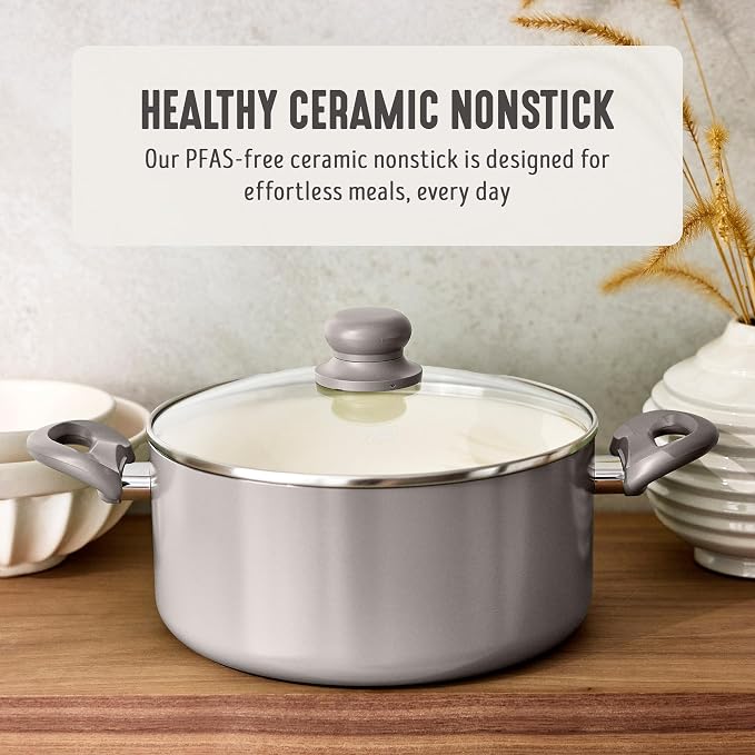 GreenLife 5QT Ceramic Nonstick Stockpot with Lid, Light Gray | PFAS-Free Nonstick Coating, Casserole Pot, Soup Pot, Pasta Pot, Induction Ready, All Stovetop Compatible, Dishwasher Safe