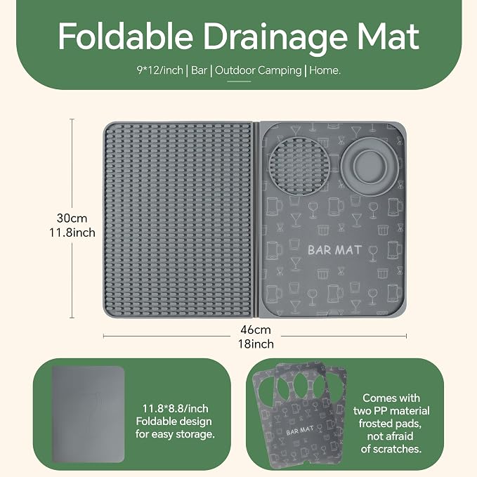 Bar Mat, Bar Accessories, Multifunctional Folding Cocktail Mat with Cutting Board, 18" X 12"(Gray) Drying Mats,Bar Mat for Countertops,Bar Decorations for Home , Outdoor Bar Accessories ,Travel