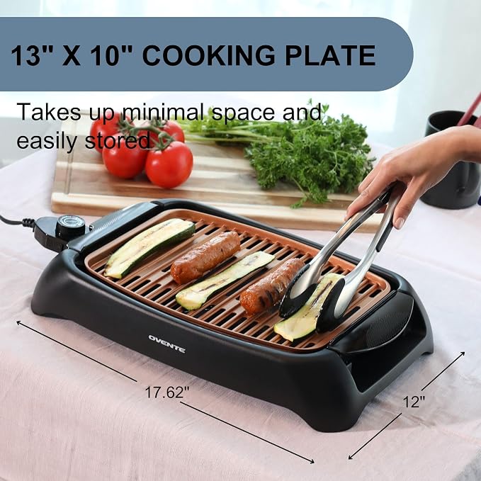 OVENTE Electric Indoor Grill, 13x10 Inch Non-Stick Plate, Copper GD1632NLCO | 1000W Fast Heat Up Power, Adjustable Temperature, Removable and Dishwasher Safe Grilling Plate and Drip Tray