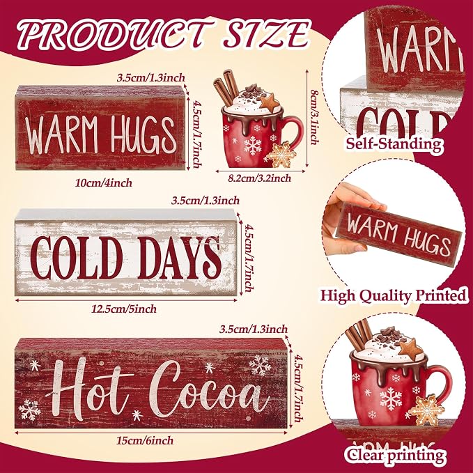 Lineshading 4 Pcs Wooden Hot Cocoa Block Signs Tiered Tray Decor with Mug | Farmhouse Stackable Wood Blocks, Warm Hugs Cold Days Text, Winter Coffee Bar Display, Mug Topper with Cinnamon Sticks