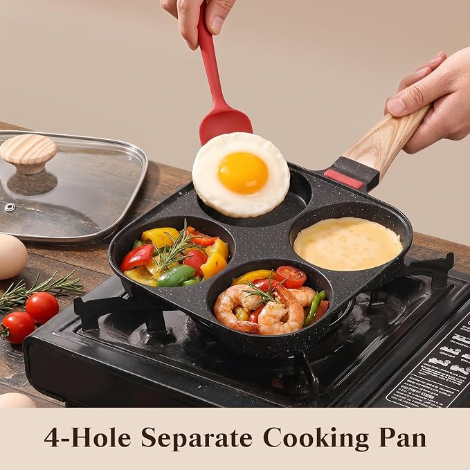 Egg Pan with Lid 4 Cup Nonstick Egg Frying Pan Omelette Skillet | Aluminum 4-Hole Omelette Pan with Glass Lid, Spatula, and Silicone Brush. Works for Breakfast Eggs, Bacon, and Mini Pancakes.