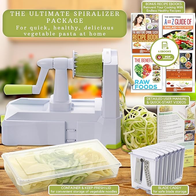 Brieftons 10-Blade Vegetable Spiralizer: Zoodle Maker & Veggie Noodle Maker, Potato String & Curly Fry Cutter, Japanese Steel Blades, Catch Container, Strong Suction Pad, 4 eBooks | Keto, Vegan, Paleo