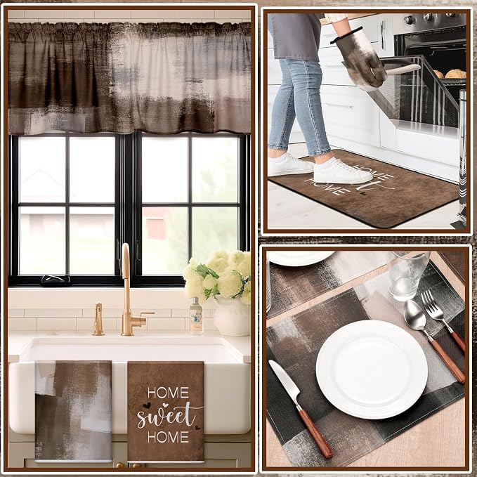 16 Pcs Abstract Art Kitchen Decor Set 4 Brown Kitchen Towels 2 Non Slip Rugs and Mats for Floor 2 Modern Oven Mitts Gloves 2 Pot Holders 4 Placemats 2 Art Abstract Curtains for Home Decoration Gift