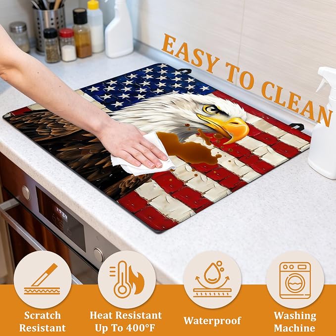 Electric Stove Top Cover,Bald Eagle Stove Cover for Glass Top Electric Stove,American Flag Heat Resistant Flat Top Stove Mat Countertop Protector, 28 x 20 Inch