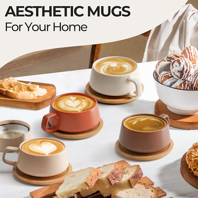 MIAMIO - Cappuccino Cup Set of 4, Ceramic (9.5oz) - Luxe (Beige Pastel) | Ceramic cappuccino cups and saucers, wide latte cups and mugs for Americano, 4-piece set of ceramic cups - dishwasher safe