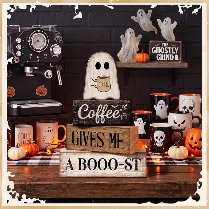 Lineshading 4 Pcs Halloween Tiered Tray Decor, Wooden Ghost Coffee Blocks | Rustic Farmhouse Table Decorations, Stackable Wood Blocks with Boo-st Coffee Theme, Gift for Home Kitchen Seasonal Display