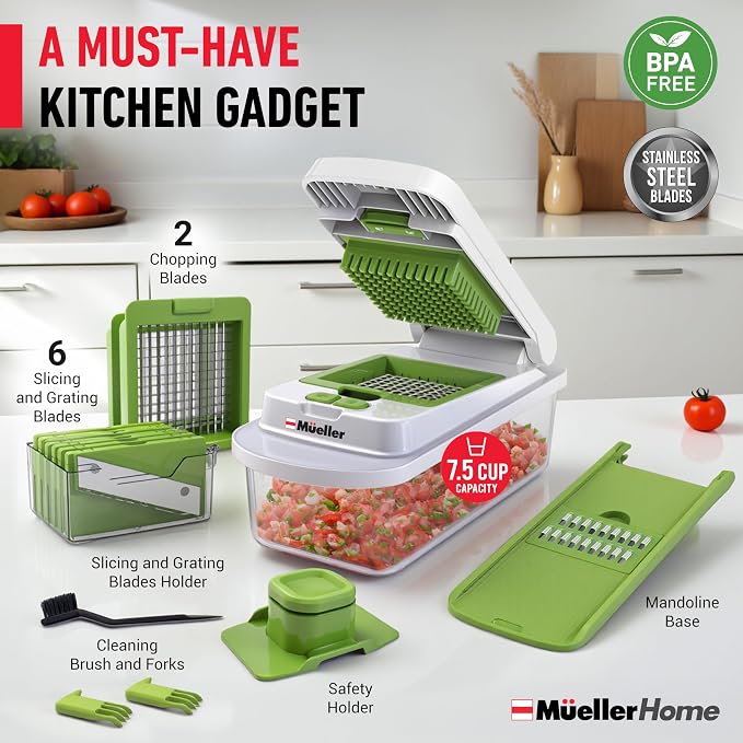 MUELLER HOME Pro-Series 10-in-1 Vegetable Chopper, 8 Blade Onion Mincer | Cutter, Dicer, Fruit Slicer with Container, French Fry Cutter Potato Slicer, Home Essentials, Salad Chopper White Sand/Green