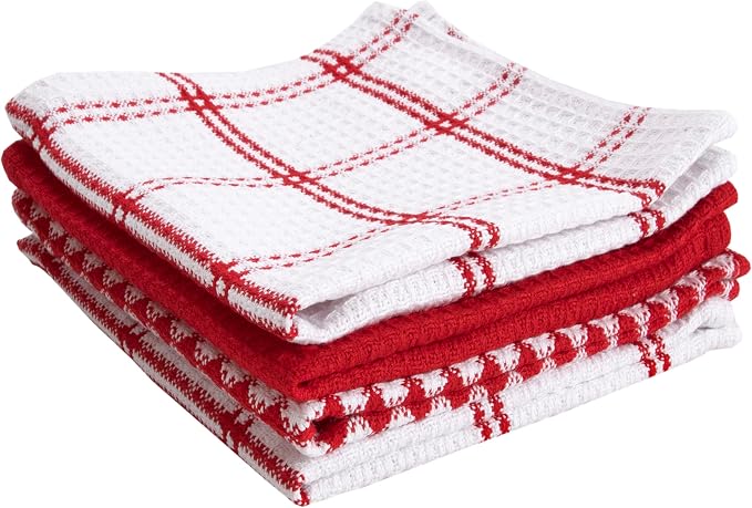 T-Fal Premium Waffle Dish Cloths: Highly Absorbent, Super Soft Long Lasting - 100% Cotton, 12"x13" Towel for Cleaning & Drying, (4-Pack), Red