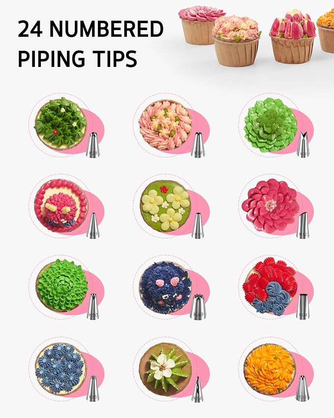 Syntus 65 PCs Cake Decorating Kit with Cake Stand, Cake Baking Supplies | 31 Piping Bags, 24 Piping Tips, Offset & Straight Spatulas, 3 Scrapers, Leveler, 2 Couplers & 1 Tips Brush