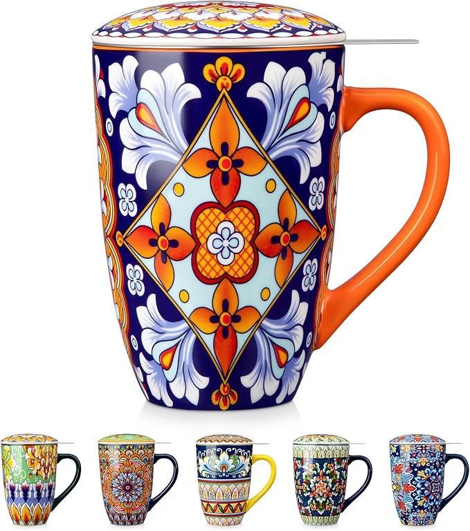 vancasso Ceramic Tea Mug with Infuser and Lid, 18 Ounce Bohemian Loose Leaf Cup, Microwave & Dishwasher Safe, Perfect for Tea, Coffee, Navy-Burnt Baroque