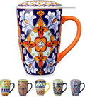 vancasso Ceramic Tea Mug with Infuser and Lid, 18 Ounce Bohemian Loose Leaf Cup, Microwave & Dishwasher Safe, Perfect for Tea, Coffee, Navy-Burnt Baroque