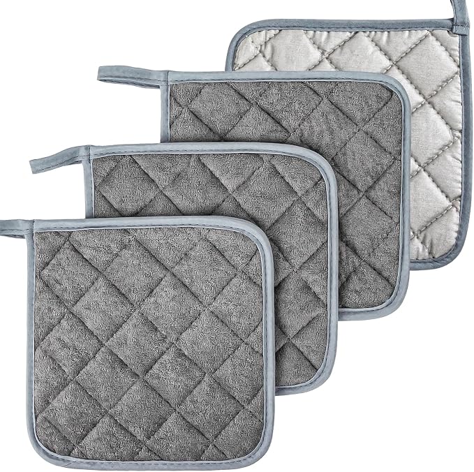MAQIHAN Pot Holders for Kitchen - 4 PCS Cotton Hot Pads for Kitchen Gray | Cotton Potholders Set, Heat Resistant Terry Cloth 7 Inch, Oven Pads, Cooking, Baking Pans, Dining Table & Countertops