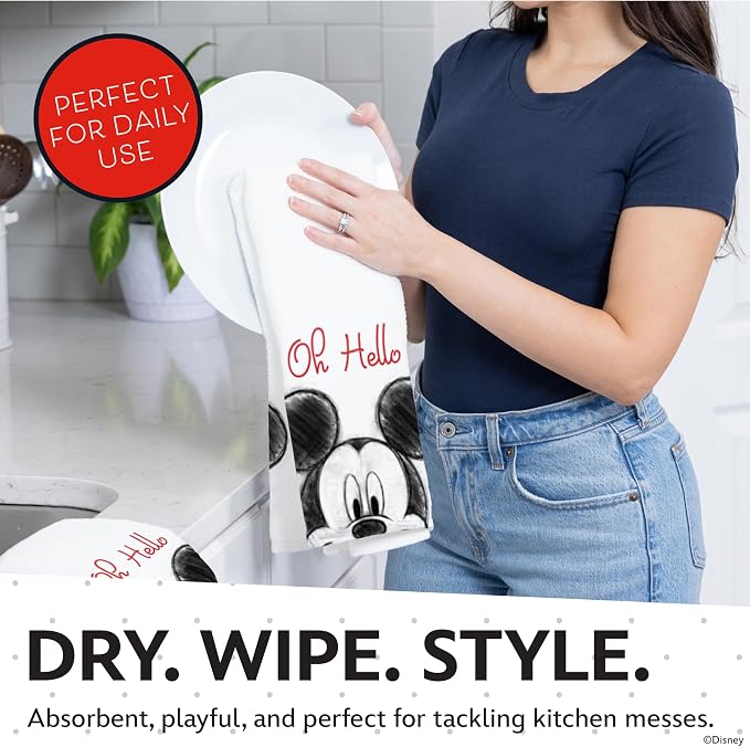 Disney Mickey Cotton Kitchen Towels & Mini Oven Mitts, 4-Piece Set | Absorbent, dries dishes fast, machine washable, mitt grip resists heat to 350F and is hand wash only, great for gifting