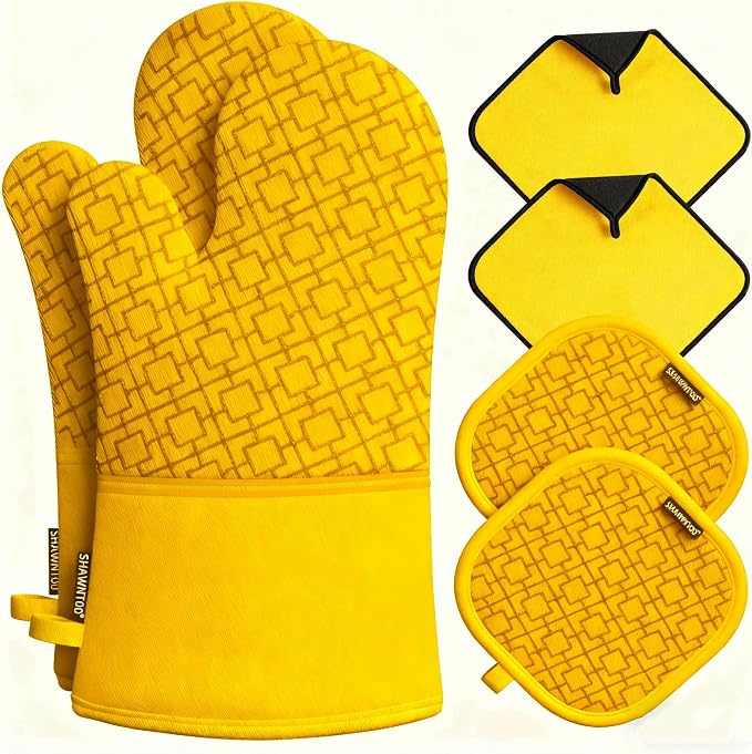 Oven Mitts and Pot Holders Sets 6pcs, Kitchen Oven Glove,High Heat Resistant 550 Degree Extra Long Oven Mitts and Potholders with Non-Slip Silicone Surface for Home Essentials (Grey) (Yellow)
