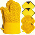 Oven Mitts and Pot Holders Sets 6pcs, Kitchen Oven Glove,High Heat Resistant 550 Degree Extra Long Oven Mitts and Potholders with Non-Slip Silicone Surface for Home Essentials (Grey) (Yellow)