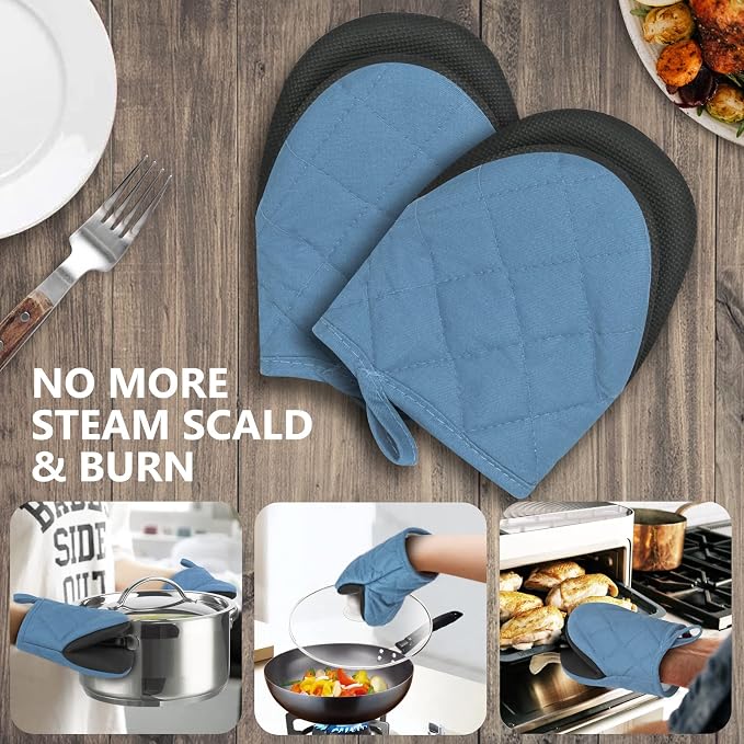 1 Pair Short Oven Mitts - Silicone Kitchen Oven Gloves High Heat Resistant 500℉, Mini Oven Mits with Non-Slip Grip Surfaces and Hanging Loop for BBQ, Baking, Cooking and Grilling (Bule)