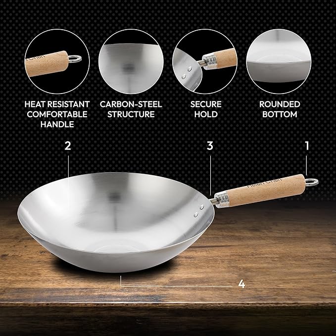 Helen's Asian Kitchen Carbon Steel 4-Piece Wok Set, 12-Inch Round Bottom Wok