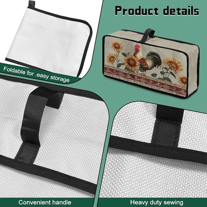 ZDCUSTOM Sunflower Rooster Printed 2 Slice Slim Toaster Cover with Top Handle Foldable Machine Washable Long Slot Slim Dust Covers for Most Toasters Small Appliance Cover for Kitchen Decor