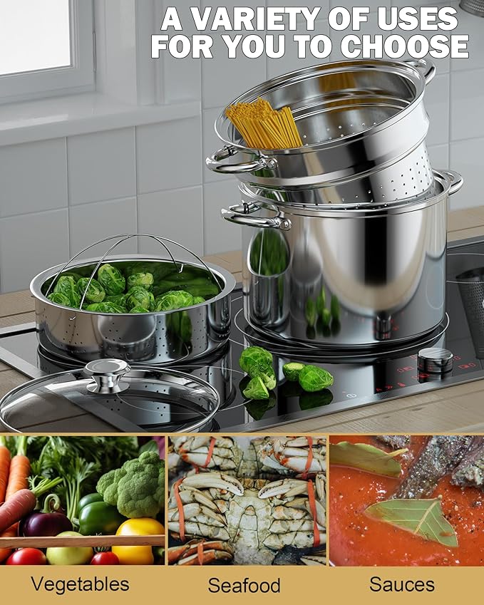 Cook N Home 8 Quart Stainless Steel Pasta Pot with Strainer Lid 3-in-1 Pots | Steamer Basket, Pasta Strainer, Stock Pot with Lid - Pasta Cooker Induction Compatible, Dishwasher & Oven Safe