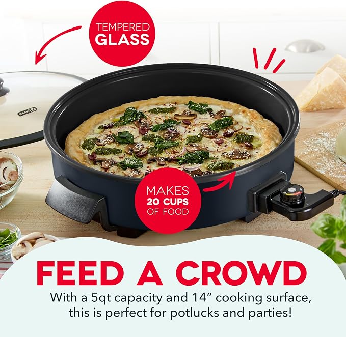 Dash Family Size Electric Skillet with Lid, 6-Quart Nonstick, Black | Large Frying Pan, Removable Temperature Control Probe, Tempered Glass Lid, 14-Inch Cooking Surface